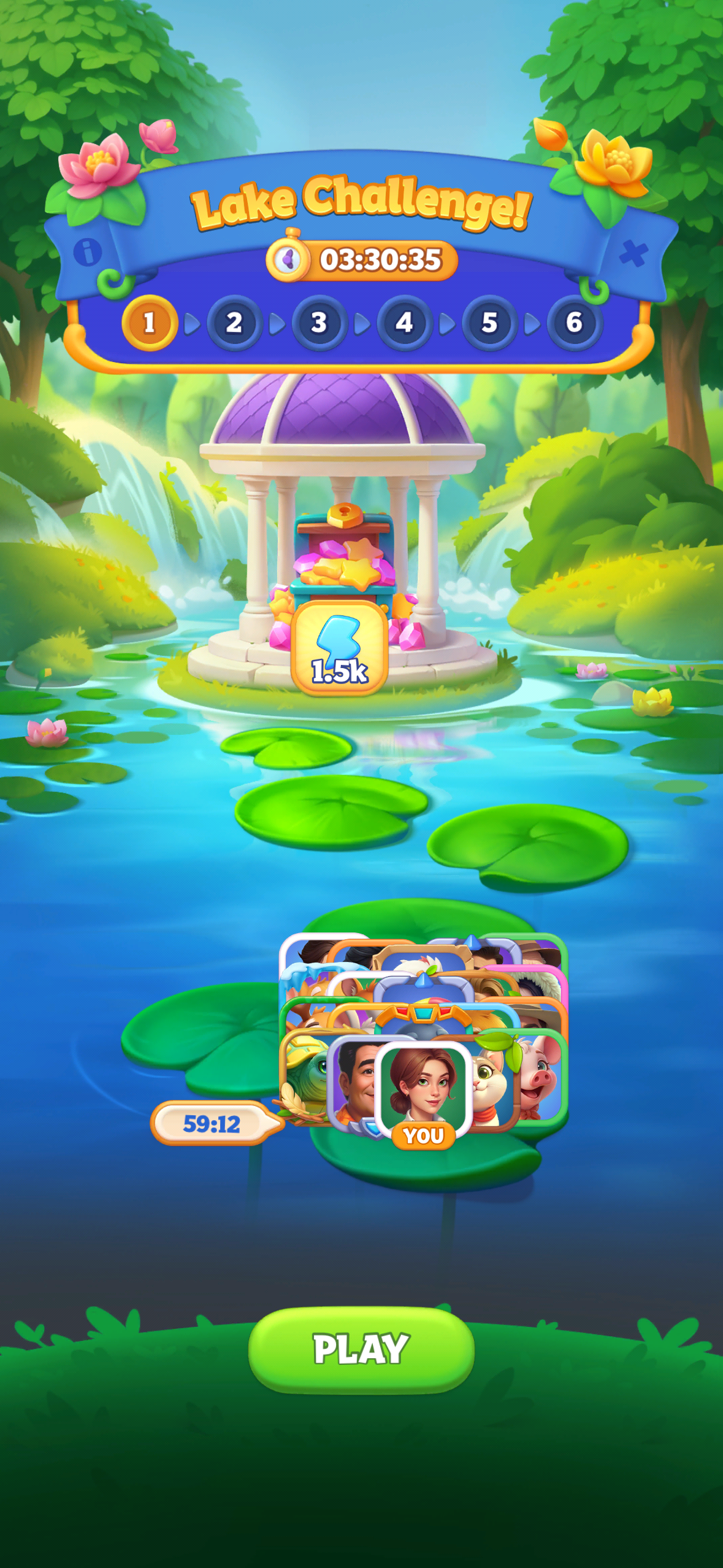 Lake Challenge entry screen with 6-step progress tracker, countdown timer, and Play button.png