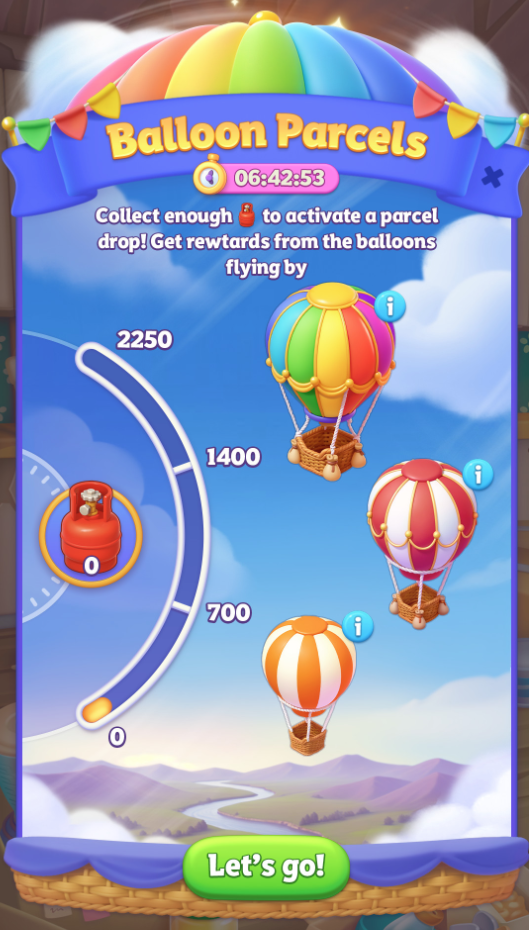Balloon Parcels event screen showing progress bar toward fuel tank milestones and hot air balloons carrying rewards.png