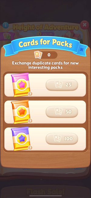 Cards for Packs exchange screen showing duplicate card trade options, pack types, costs, and disabled exchange buttons.png
